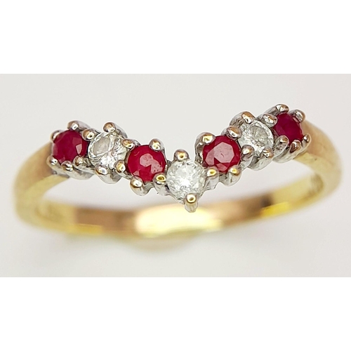 1085 - A 9K YELLOW GOLD DIAMOND & RUBY WISHBONE SHAPED BAND RING. 0.10CT. 1.75G IN WEIGHT. SIZE O. Ref: SC ... 