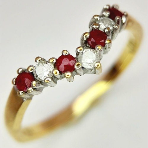 1085 - A 9K YELLOW GOLD DIAMOND & RUBY WISHBONE SHAPED BAND RING. 0.10CT. 1.75G IN WEIGHT. SIZE O. Ref: SC ... 