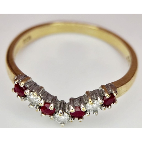 1085 - A 9K YELLOW GOLD DIAMOND & RUBY WISHBONE SHAPED BAND RING. 0.10CT. 1.75G IN WEIGHT. SIZE O. Ref: SC ... 