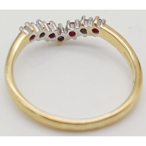 1085 - A 9K YELLOW GOLD DIAMOND & RUBY WISHBONE SHAPED BAND RING. 0.10CT. 1.75G IN WEIGHT. SIZE O. Ref: SC ... 