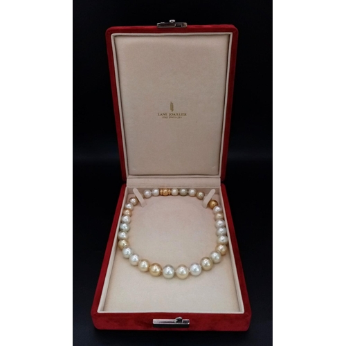 506 - A fascinating LANE JOAILLIER pearl necklace, graduating 11.8 to 15.4 mm natural spherical pearls wit... 