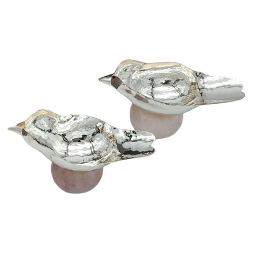 626 - Two Silver Plated and Rose Quartz Hand-Crafted Bowls from Bespoke Jewels in Bird form. Comes with CO... 