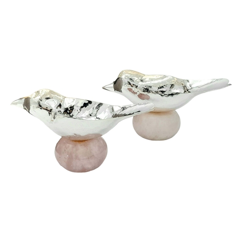 626 - Two Silver Plated and Rose Quartz Hand-Crafted Bowls from Bespoke Jewels in Bird form. Comes with CO... 