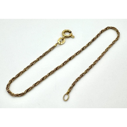 849 - A 9 K yellow gold rope chain bracelet.  Length: 18 cm, weight: 1.1 g