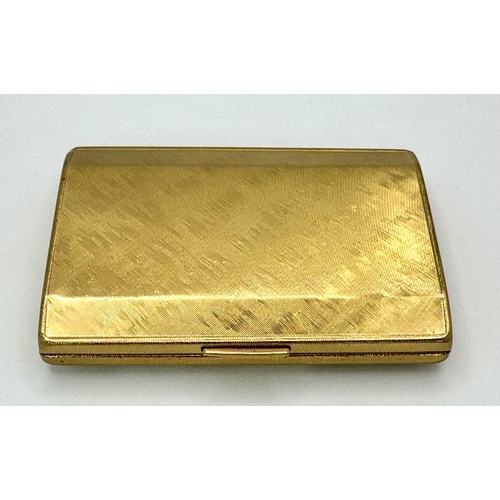 885 - A beautiful vintage gold plated cigarette case with a Mother of Pearl lid and fancy engraving. Hinge... 