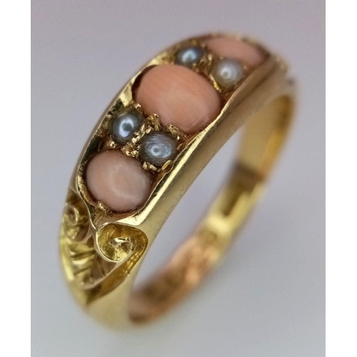 509 - A 18K YELLOW GOLD VINTAGE PEARL & CORAL RING. 4.9G IN WEIGHT. SIZE N AND 1/2. Ref: SC 5029.