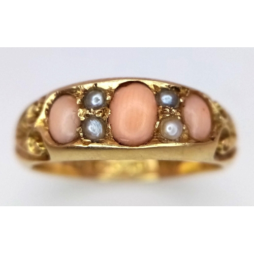 509 - A 18K YELLOW GOLD VINTAGE PEARL & CORAL RING. 4.9G IN WEIGHT. SIZE N AND 1/2. Ref: SC 5029.