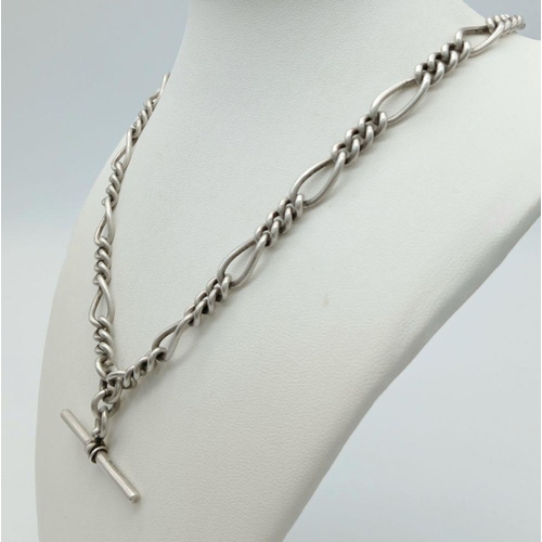 523 - A STERLING SILVER ALBERT CHAIN WITH T BAR FIGARO LINK. 50.5G IN WEIGHT. 40CM IN LENGTH. Ref: 8766.