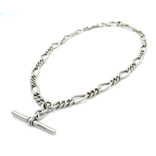 523 - A STERLING SILVER ALBERT CHAIN WITH T BAR FIGARO LINK. 50.5G IN WEIGHT. 40CM IN LENGTH. Ref: 8766.