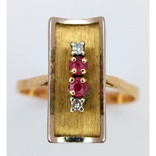 825 - A 18K YELLOW GOLD ( TESTED ) VINTAGE DIAMOND & RUBY SET RING. 2.45G IN WEIGHT. SIZE P AND 1/2. Ref: ... 