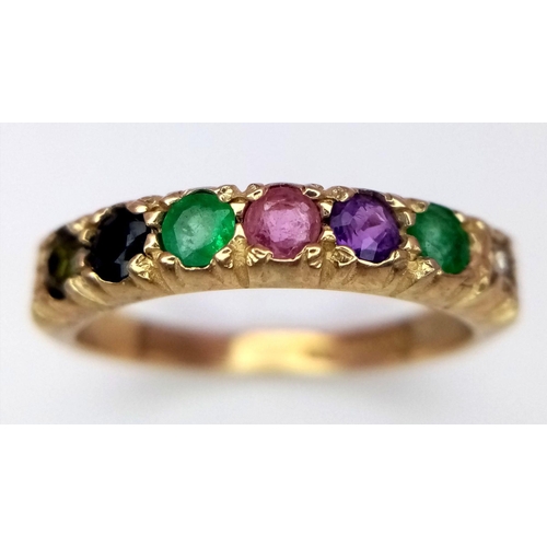 888 - A 9K YELLOW GOLD DEAREST RING WITH DIAMOND, EMERALD, AMETHYST, RUBY, EMERALD, SAPPHIRE & TOURMALINE.... 