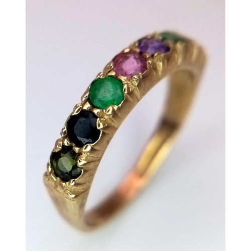 888 - A 9K YELLOW GOLD DEAREST RING WITH DIAMOND, EMERALD, AMETHYST, RUBY, EMERALD, SAPPHIRE & TOURMALINE.... 