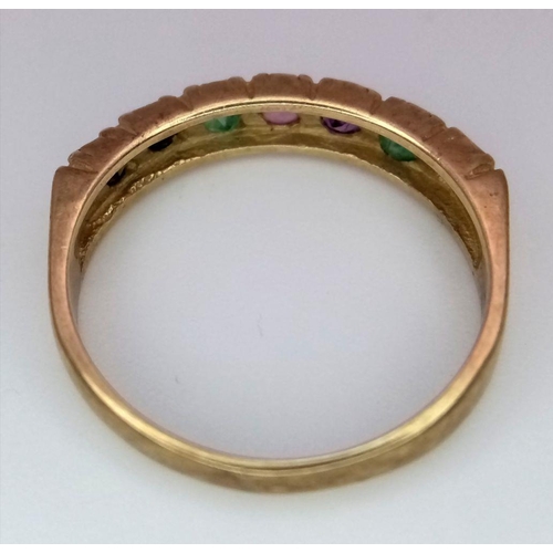 888 - A 9K YELLOW GOLD DEAREST RING WITH DIAMOND, EMERALD, AMETHYST, RUBY, EMERALD, SAPPHIRE & TOURMALINE.... 