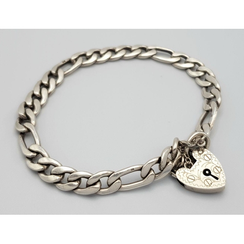 908 - An appealing Solid Silver 925 Figaro Chain Bracelet with Heart Padlock and safety chain, 17.2grams, ... 