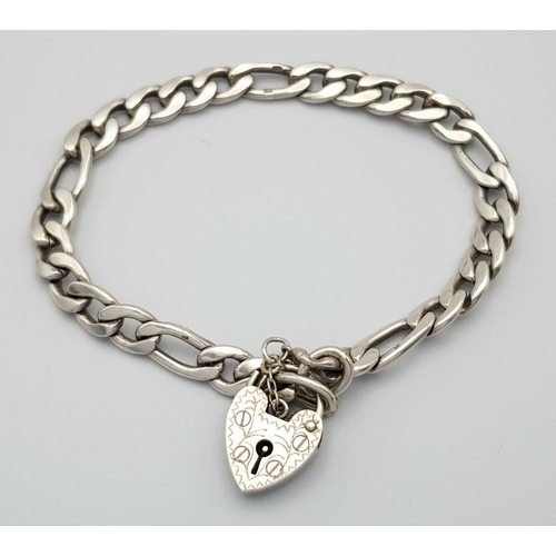 908 - An appealing Solid Silver 925 Figaro Chain Bracelet with Heart Padlock and safety chain, 17.2grams, ... 