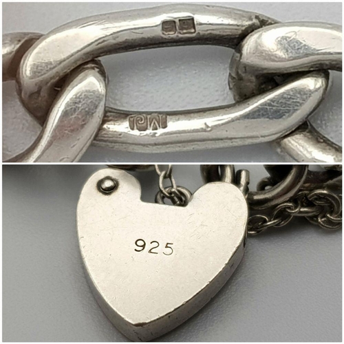 908 - An appealing Solid Silver 925 Figaro Chain Bracelet with Heart Padlock and safety chain, 17.2grams, ... 