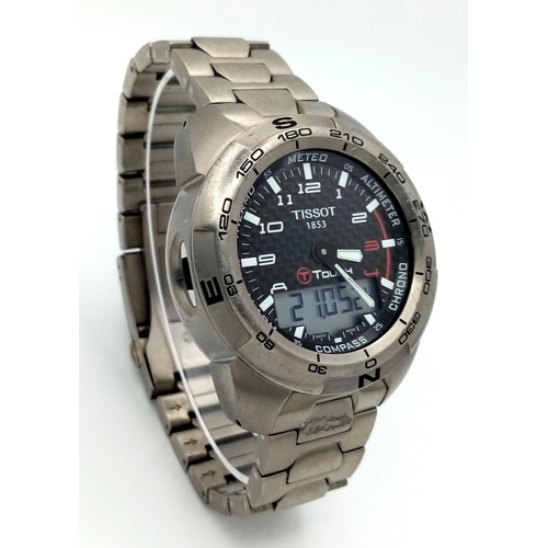 956 - A Tissot Touch Titanium Quartz Gents Watch. Titanium bracelet and case - 44mm. Analogue and digital ... 