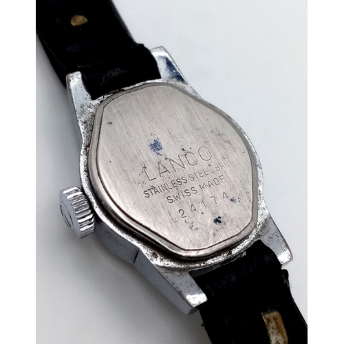 1013 - A Vintage Lanco Mechanical Ladies Watch. Black leather strap. Stainless steel case - 18mm. In workin... 