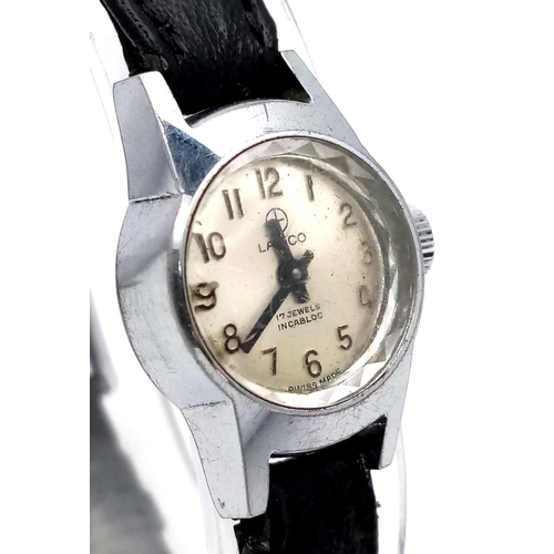 1013 - A Vintage Lanco Mechanical Ladies Watch. Black leather strap. Stainless steel case - 18mm. In workin... 