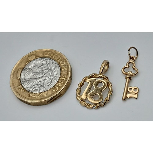 689 - 9k yellow gold '18' pendant and '18' key charm, 1.4g total weight

ref: 1580I-4