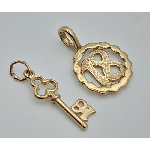 689 - 9k yellow gold '18' pendant and '18' key charm, 1.4g total weight

ref: 1580I-4