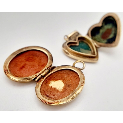 794 - A Vintage 9K Yellow Gold Oval and a Heart Locket. Both 2cm. 
3.8g total weight.