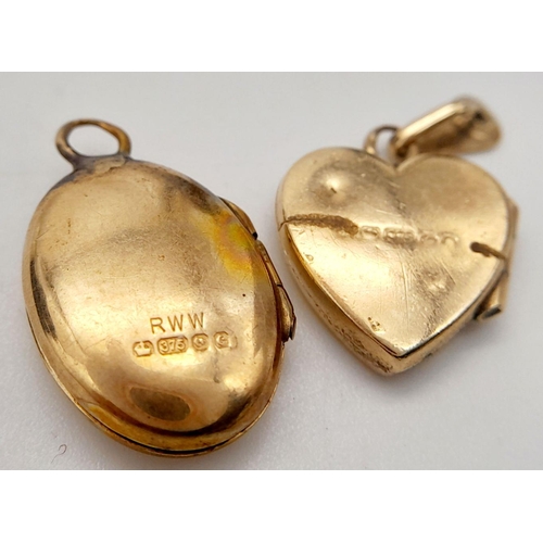 794 - A Vintage 9K Yellow Gold Oval and a Heart Locket. Both 2cm. 
3.8g total weight.