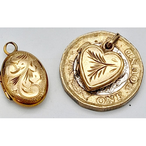 794 - A Vintage 9K Yellow Gold Oval and a Heart Locket. Both 2cm. 
3.8g total weight.