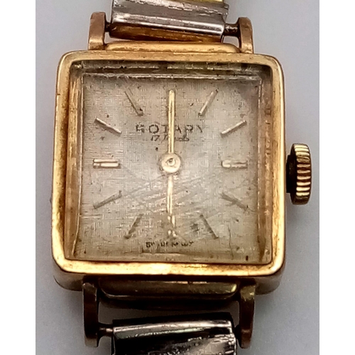 716 - A Vintage 9K Yellow Gold Cased Rotary Ladies Watch. Not currently working so a/f. 14.5g total weight... 