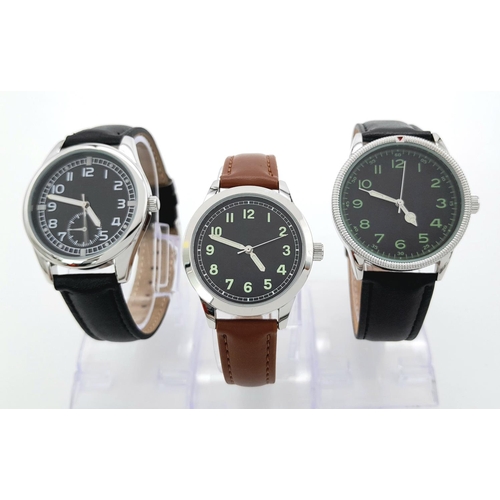 1540 - Three Boxed, Leather Strapped Military Design Quartz Watches Comprising: 1) German Soldiers Watch (3... 