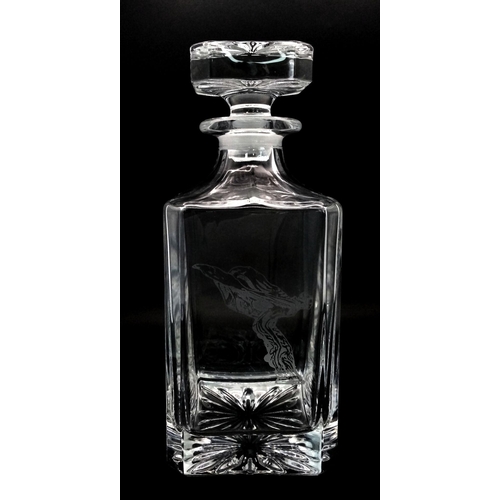 1487 - A Cut-Glass Drinks Decanter with a Spirit of Ecstasy Engraving. 23cm tall.