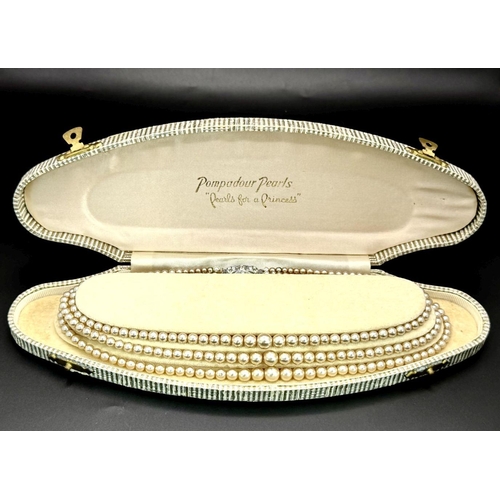 189 - A top-quality, vintage, three string faux pearl necklace by POMPADOUR PEARLS “Pearls for a princess”... 