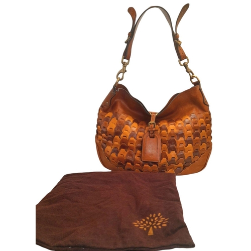 302 - A Mulberry Jemma Rio Hobo Bag. Brown and tan woven leather exterior. Purse-like zipped compartment i... 