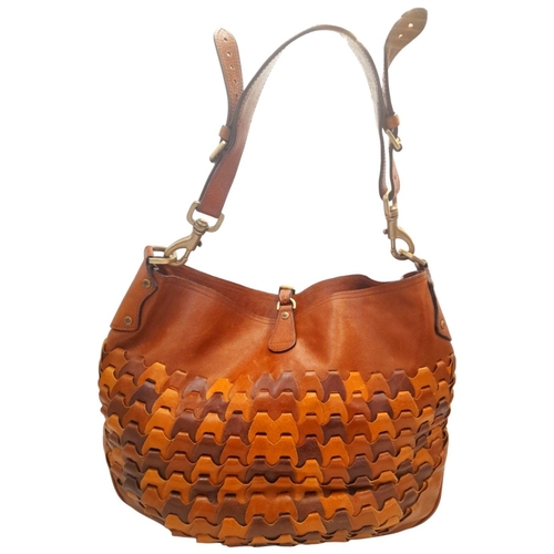 302 - A Mulberry Jemma Rio Hobo Bag. Brown and tan woven leather exterior. Purse-like zipped compartment i... 