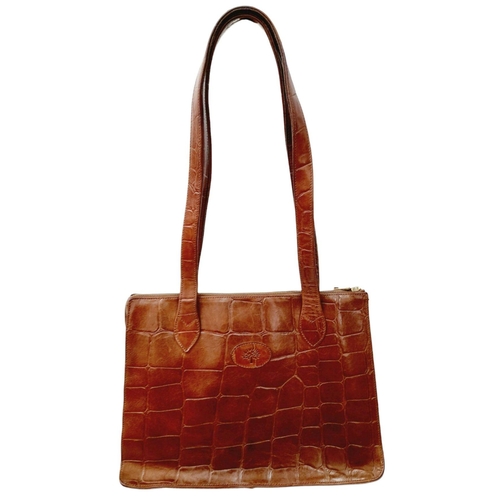 316 - A Vintage Mulberry Croc-Effect Brown Leather Handbag. Zipped outer compartment. Tartan interior with... 