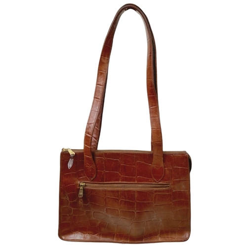 316 - A Vintage Mulberry Croc-Effect Brown Leather Handbag. Zipped outer compartment. Tartan interior with... 