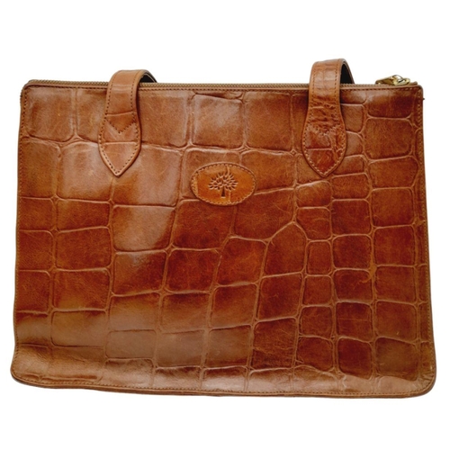 316 - A Vintage Mulberry Croc-Effect Brown Leather Handbag. Zipped outer compartment. Tartan interior with... 