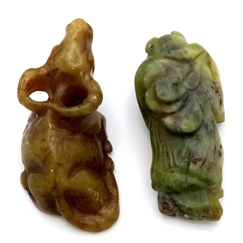 445 - Two Interesting Antique Old Jade Chinese Figures. A sitting Ram - 6cm and a Deity figure - 6cm.