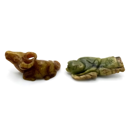 445 - Two Interesting Antique Old Jade Chinese Figures. A sitting Ram - 6cm and a Deity figure - 6cm.