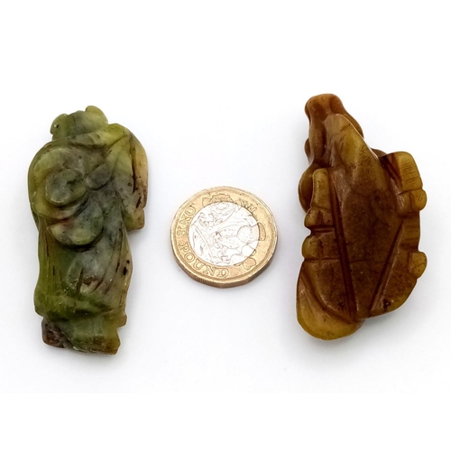 445 - Two Interesting Antique Old Jade Chinese Figures. A sitting Ram - 6cm and a Deity figure - 6cm.