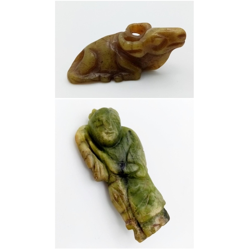 445 - Two Interesting Antique Old Jade Chinese Figures. A sitting Ram - 6cm and a Deity figure - 6cm.