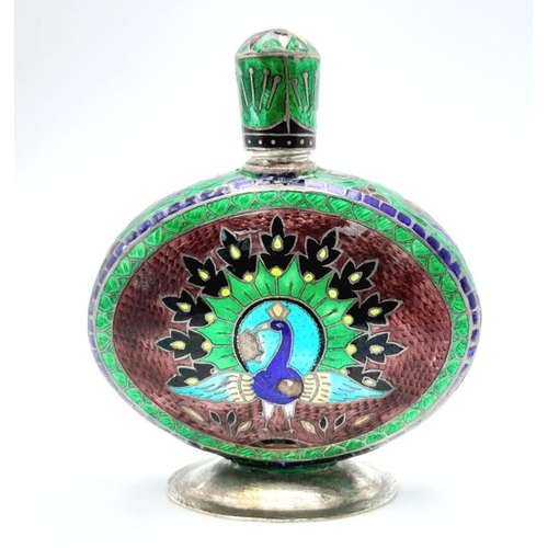 473 - A Vintage Indian Cloisonné Enamelled Perfume Bottle. Colourful bird decoration. 9cm.