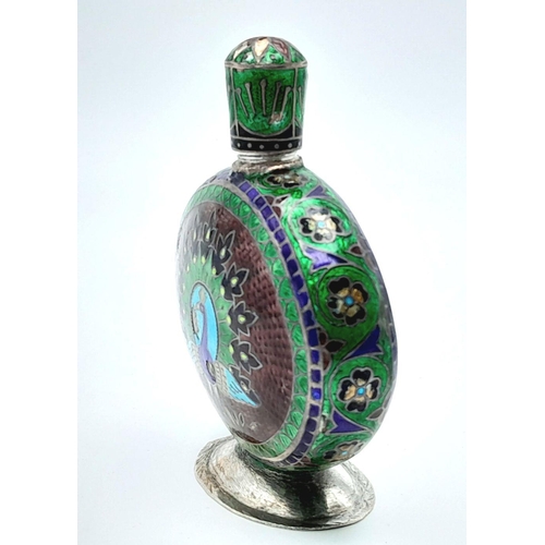 473 - A Vintage Indian Cloisonné Enamelled Perfume Bottle. Colourful bird decoration. 9cm.