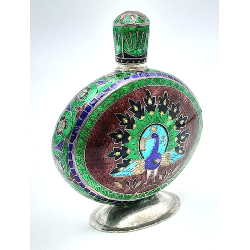 473 - A Vintage Indian Cloisonné Enamelled Perfume Bottle. Colourful bird decoration. 9cm.