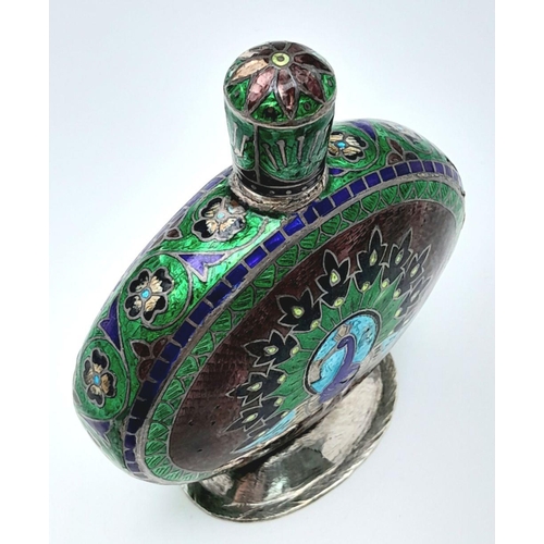 473 - A Vintage Indian Cloisonné Enamelled Perfume Bottle. Colourful bird decoration. 9cm.