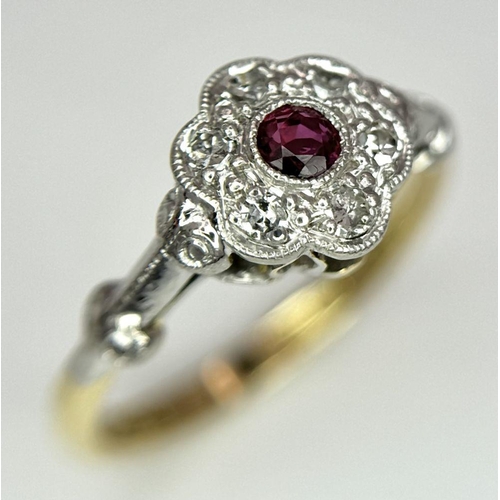 109 - AN 18K YELLOW GOLD & PLATINUM VINTAGE DIAMOND & RUBY CLUSTER RING. 3G IN WEIGHT. SIZE L. Ref: SC 605... 