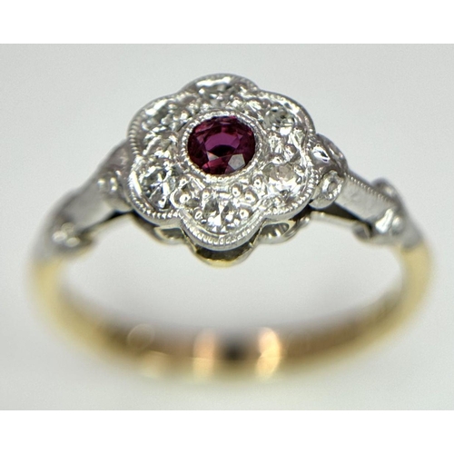 109 - AN 18K YELLOW GOLD & PLATINUM VINTAGE DIAMOND & RUBY CLUSTER RING. 3G IN WEIGHT. SIZE L. Ref: SC 605... 