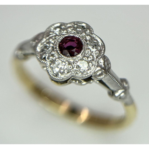 109 - AN 18K YELLOW GOLD & PLATINUM VINTAGE DIAMOND & RUBY CLUSTER RING. 3G IN WEIGHT. SIZE L. Ref: SC 605... 