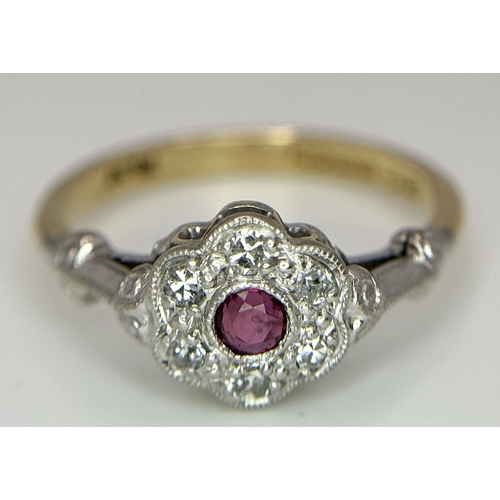 109 - AN 18K YELLOW GOLD & PLATINUM VINTAGE DIAMOND & RUBY CLUSTER RING. 3G IN WEIGHT. SIZE L. Ref: SC 605... 