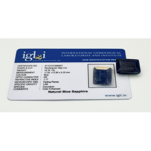 1482 - An 18.34ct Faceted Colour Enhanced Blue Sapphire. IGL&I Certified. Ref: VU71